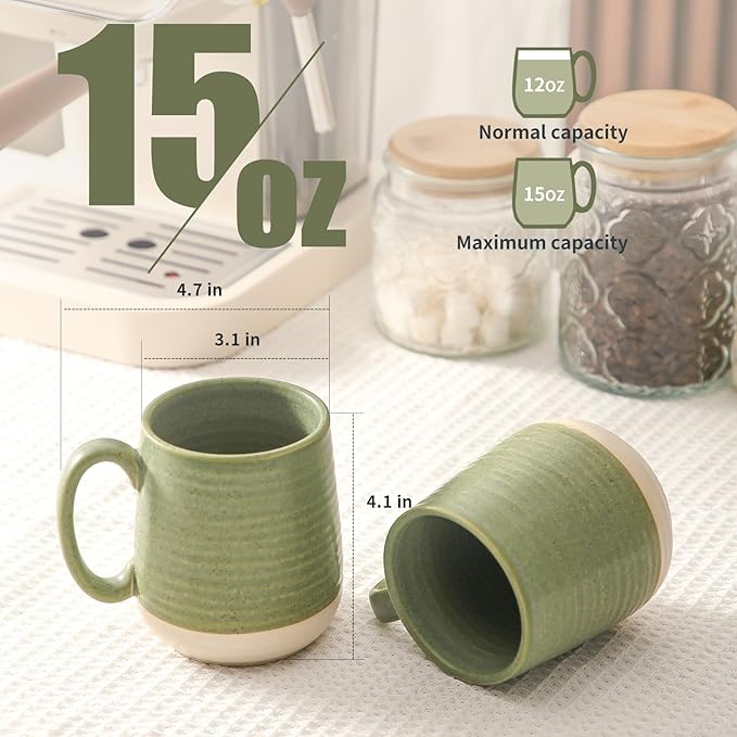 HASENSE Coffee Mugs, 15oz Ceramic Coffee Mugs Set of 6, Large Coffee Cups with Handle for Cocoa, Latte, Tea and Hot Chocolate, Coffee Mugs for Men and Women, Microwave and Dishwasher Safe, Green