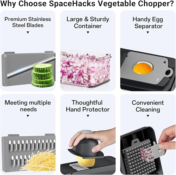 12-in-1 Vegetable Chopper, Kitchen Gadgets with 7 Blades, Veggie, Food, Onion Chopper, Cucumber Slicer, Versatile Mandoline, Includes Egg Separator & Finger Guard, Gray