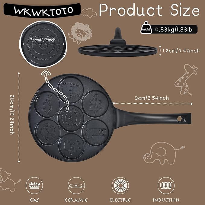 Pancake Maker Egg Frying Pan Suitable for All Stovetops & Induction Cooker, 10.5 Inch Animal Pancake Pan, 7 Molds Pancake Maker with PFOA Free Coating