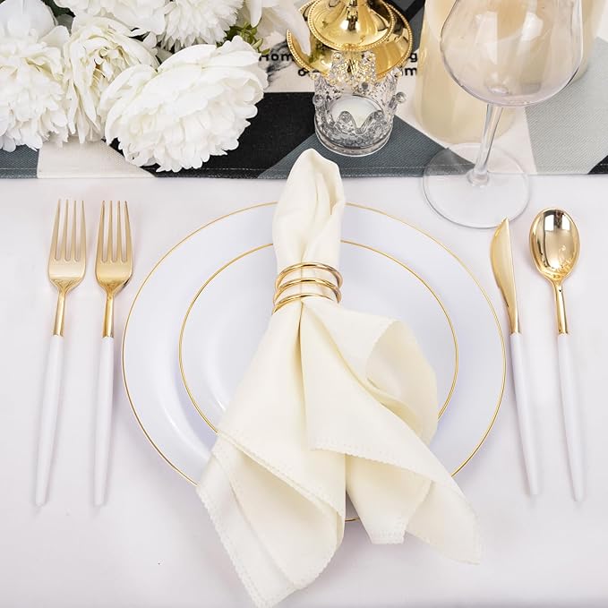 DaYammi 30 Guests Gold Plastic Plates with Disposable Silverware,Gold Cutlery with White Handle,White Disposable Dinnerware:60 Dinner/Dessert Plates,90 Plastic Silverware Set,Gold Plate for Party