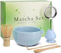 Traditional Matcha Set, Line Blue Ceramic Matcha Bowl, Bamboo Whisk (Chasen), Sifter, Scoop & Spoon - 6 Pcs Matcha Kit