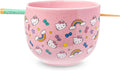 Silver Buffalo Sanrio Hello Kitty Bows Stars Rainbow Pattern Ceramic Ramen Noodle Rice Bowl with Chopsticks, Microwave Safe, 20 Ounces