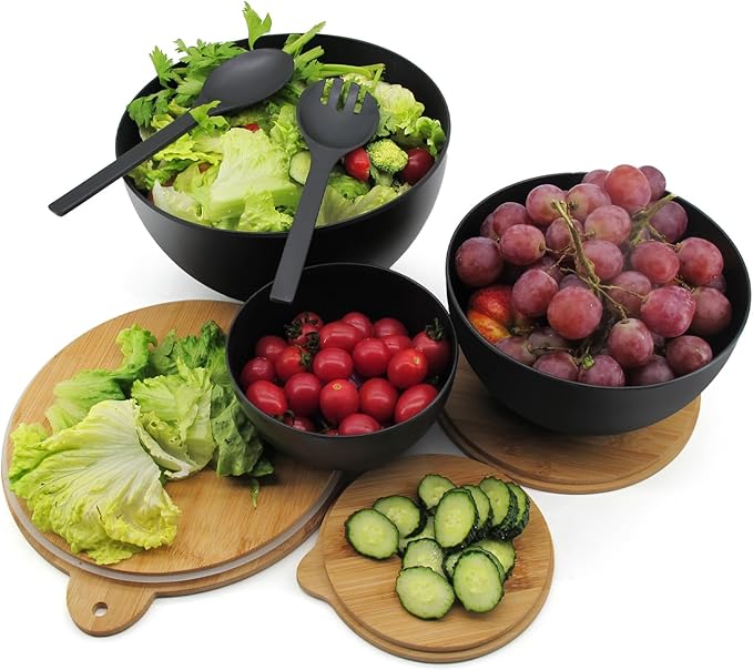 ECOWAY Salad Bowls Set of 3 with Seal Lid & Serving Utensils, Bamboo Fiber Mixing Bowls Set Large Serving Bowls & Storage Set with Bamboo Lid for Salad, Kitchen Eating, Pasta, Popcorn, Fruit, Black