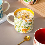 Frcctre Set of 4 Ceramic Coffee Mug Set, Large 15 Ounce Ceramic Tea Cup with Handle, Vintage Hand Painted Floral Porcelain Mug Colorful Restaurant Mug for Coffee, Tea, Milk, Hot Cocoa