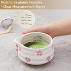 5pcs Premium Matcha Set,Ceramic Bowl with Spout and Bamboo Whisk set, Cherry Blossom Matcha Kit for breakfast/latte,Tea Starter Making Kit,Cute Matcha Gift set (sakura)