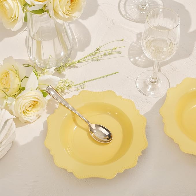COLOSUS Yellow Plastic Party Bowls (60 Pack) 12 Oz Disposable Soup/Salad Bowl, Fancy Shatterproof Dinnerware for Catering, Holidays, Weddings, and Everyday Use