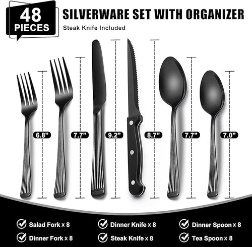 49-Piece Black Silverware Set with Organizer, Food-Grade Stainless Steel Black Flatware for 8, Cutlery Utensil Sets with Steak Knives, Rust-proof, Mirror Polished, Dishwasher Safe, Roman Column