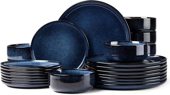 Herogo 24 Pieces Stoneware Dinnerware Sets Service for 8, Dinner Plates and Bowls Sets, Double Reactive Glaze Dishes Set for Kitchen, Scratch Resistant, Microwave & Dishwasher Safe, Starry Blue