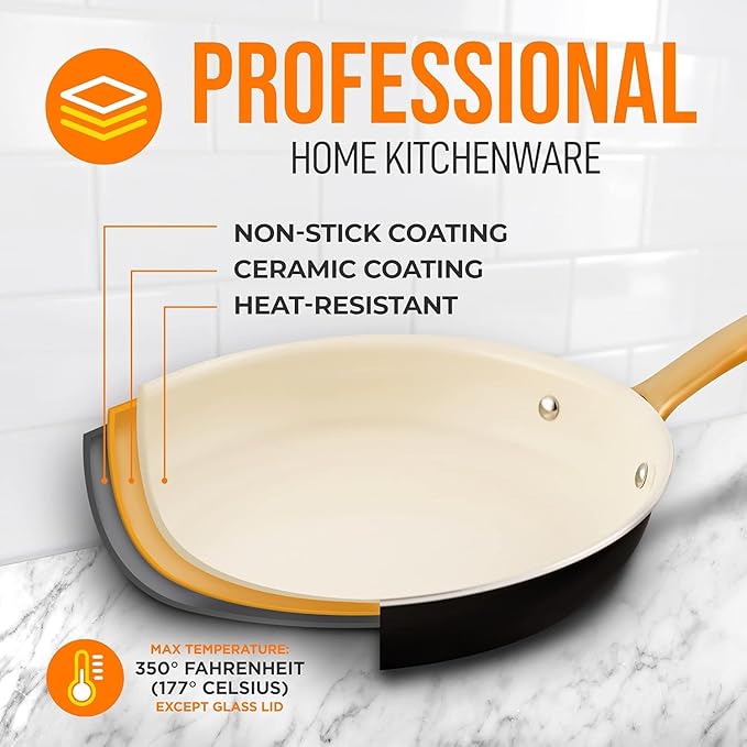 NutriChef Medium Nonstick Ceramic Frying Pan with Lid - Non Toxic 10 Inch Skillet with lid - Induction Compatible pan with Heat Resistance Handle - Easy to Clean and Stain-Resistant