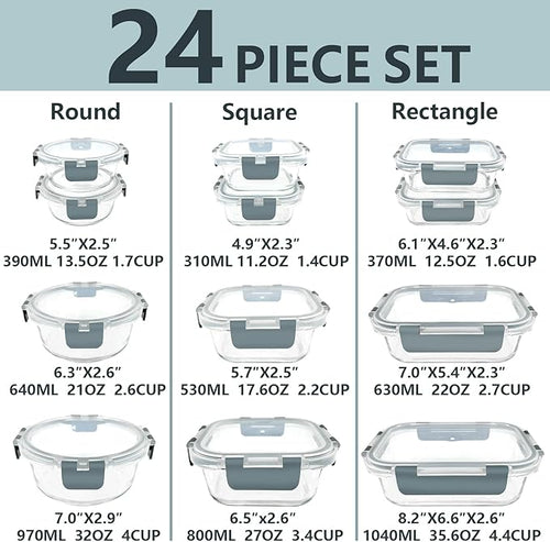 12 Pack Glass Food Storage Container Set with Lids Non Toxic, Stackable Borosilicate Glass Meal Prep Containers, Microwave, Oven, Freezer and Dishwasher Safe (Gray)