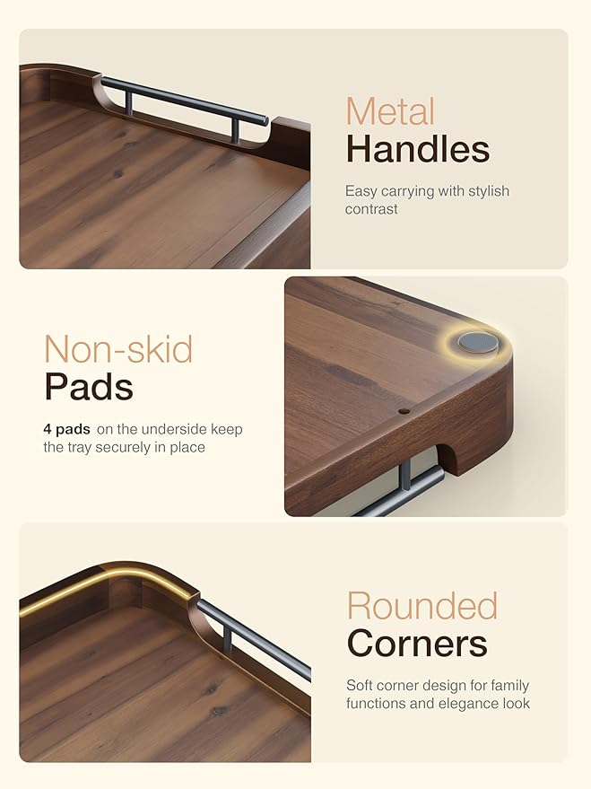 TIDITA Large Serving Tray with Handles - 20”x14” Rectangle Ottoman Tray, Wooden Tray for Ottoman, Wooden Ottoman Tray for Living Room - Decorative Trays for Coffee Table with Round Edge (Walnut color)
