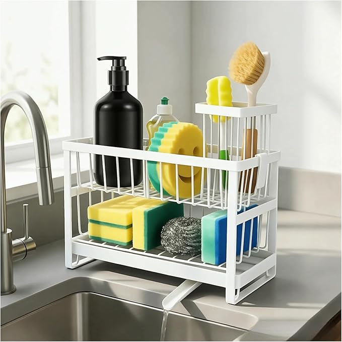 2-Tier Sponge Holder for Kitchen Sink, Self-Drain Caddy with Brush Holder, Countertop Organizer for Sponges, Brushes, and Dish Rags（White）