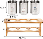 Lyellfe Silverware Holder for Countertop, Stainless Steel Cutlery Utensil Organizer with Bamboo Stand, Flatware Holder for Spoon, Fork, and Knife