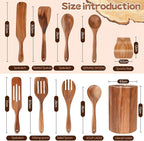 Wooden Spoons for Cooking, 10-Piece Teak Wooden Cooking Utensil Set with Holder, Nonstick, Heat Resistant Kitchen Utensils, Durable Wooden Cooking Spoons, Kitchen Cooking Gifts for Women Men