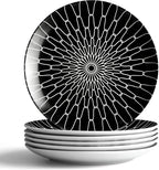 10-Inch Dinner Plates Set of 6, Black and White Grid Ceramic Plates, Large Checkerboard Design for Main Course, Restaurant-Style, Microwave & Oven Safe