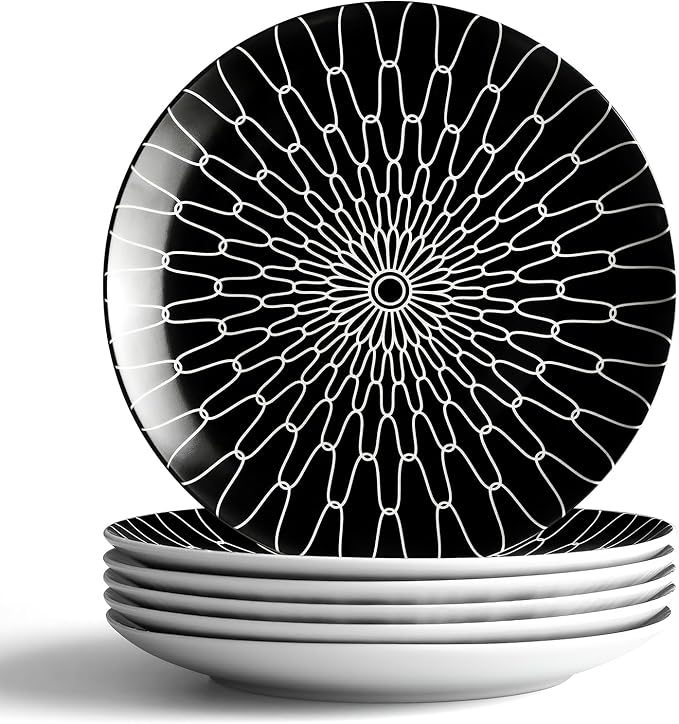8-Inch Salad Plates Set of 6, Black White Grid Pattern Ceramic Plates, Checkerboard Design for Lunch, Pasta & Salad, Microwave & Dishwasher Safe