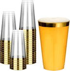 RACETOP 100 Pack 16oz Gold Rimmed Plastic Cups, Heavy Duty Disposable Glasses, Elegant Gold Rimmed Disposable Hard Cups for Party, Thanksgiving, Wine Taesting, Birthday and Christmas.