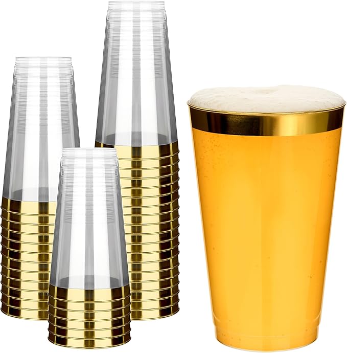 RACETOP 100 Pack 16oz Gold Rimmed Plastic Cups, Heavy Duty Disposable Glasses, Elegant Gold Rimmed Disposable Hard Cups for Party, Thanksgiving, Wine Taesting, Birthday and Christmas.