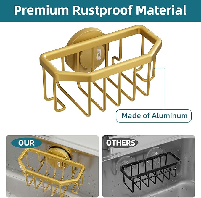TAILI Sink Caddy with Strong Suction Cup, Sponge Holder for Kitchen Sink Organizer, Removable Sponge Caddy Inside Sink, Rustproof Aluminum Holder for Sponges, Brushes - Gold