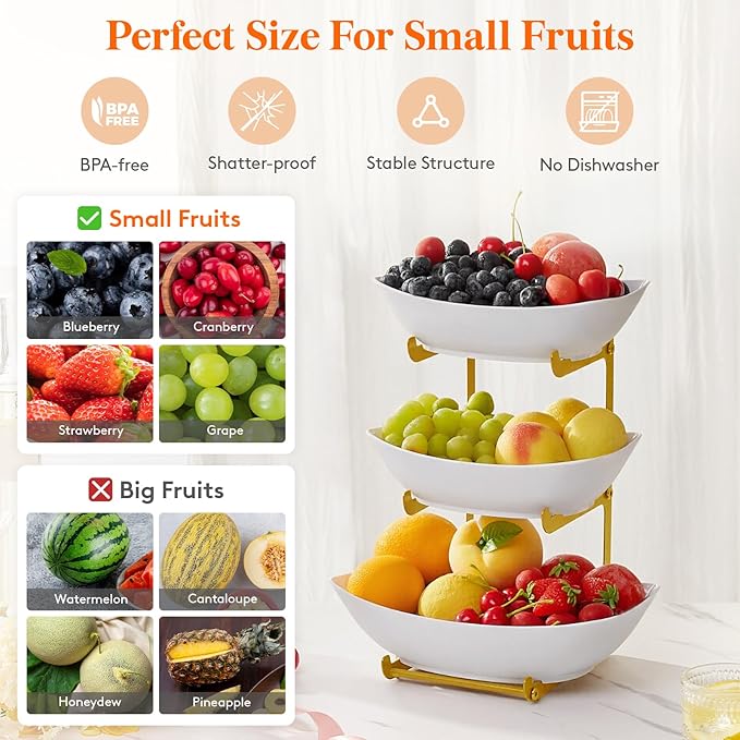 Lifewit Plastic Fruit Bowl for Kitchen Counter, 3 Tier Fruit Basket with Gold Metal Stand, Tiered Fruit Holder for Countertop Serving Tray for Vegetable/Dessert in Party 28 x 21 x 35cm/11 x 8.4 x 14