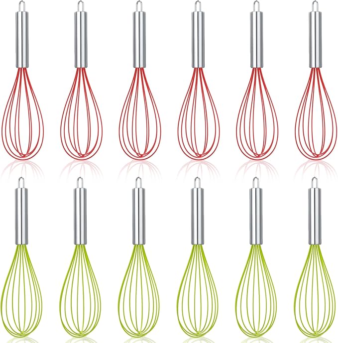 12 Sets 10 Inch Christmas Whisks Gifts DIY Fillable Christmas Tree Ornaments Xmas Colored Silicone Whisks for Cooking Heat Resistant Egg Beaters with Card Rope Bag for Candy Holder