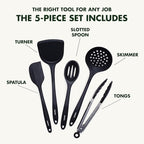 GreenPan 5 Piece Cooking Utensil Set, Flexible Nonstick Silicone, Stain-Free, Tongs, Turner, Spatula, Skimmer, and Slotted Spoon, Black