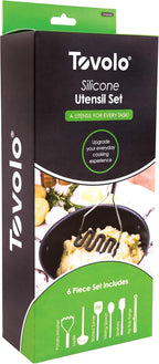 Tovolo Silicone Cooking Utensil Set of 6 Stainless Steel Handle Ladle Slotted Turner Tongs Flex Core Spatula Scraper Mixing Spoon & Potato Masher, Dishwasher Safe BPA Free Utensils, Charcoal Gray