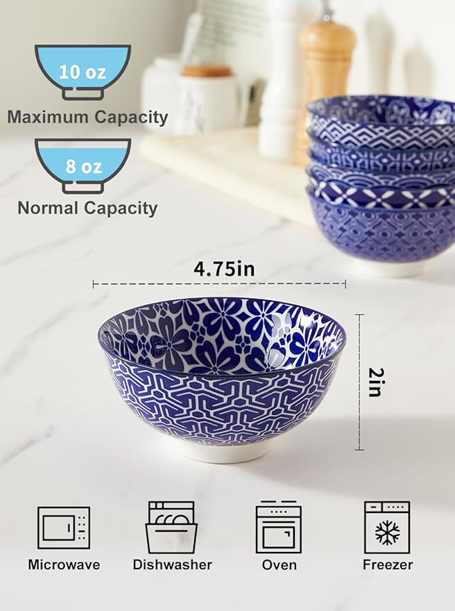 Metahom Blue and White Bowls, Ceramic Dessert Bowls 10 Oz, Porcelain Bowl Set for Ice Cream, Decorative Bowls for Snack Soup Condiments, Side Dishes, Set of 6