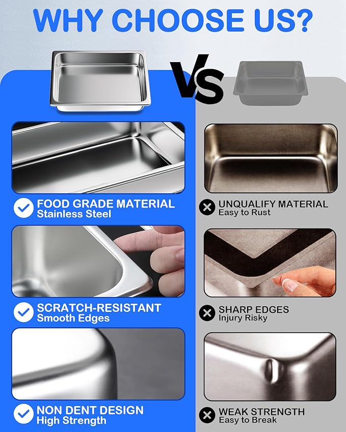 WantJoin Steam Table Hotel Pans - 1/2 Half Size 6 Inch Deep 6 Pack, Stainless Steel Food Storage Container Metal Tray Sets for Commercial Chafing Dishes Restaurant Buffet Catering Supplies