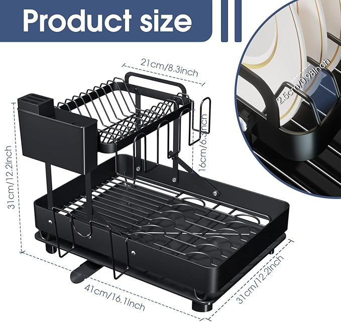 Dish Drying Rack for Kitchen Counter, Stainless Steel 2 Tier Dish Rack w Drainboard, Foldable 360° Rotatable & Expandable Drainer, Space-Saving Dish Strainers for Kitchenware