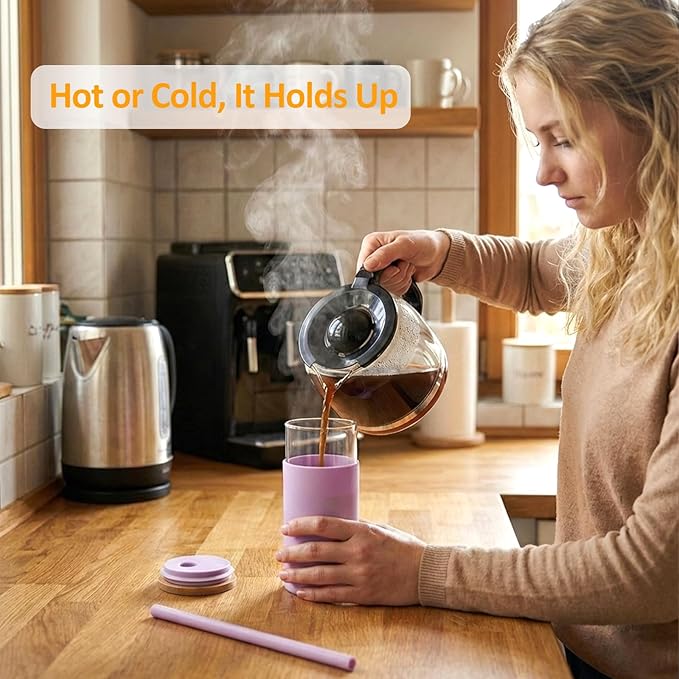Tronco 20 oz Glass Tumbler with Lid and Straw, Iced Coffee Cup and Smoothie Cup with Bamboo Lids & Protective Silicone Sleeve, Dishwasher Safe, BPA-Free, Pink 1 Pack