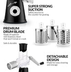 Zulay Rotary Cheese Grater 3 Blade Cheese Shredder - Manual Hand Crank Cheese Grater With Reinforced Suction & 3 Interchangeable Drums - Easy to Use Vegetable Chopper - Black