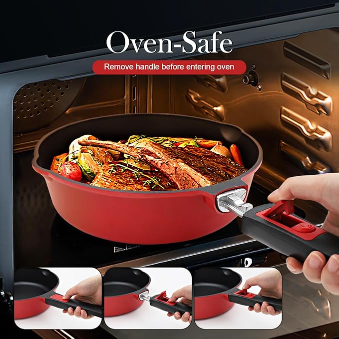 12 Inch Frying Pans Nonstick with Lid, Non Stick Saute Pan Skillet, Large Cooking Pan Kitchen Pans, Compatible with All Stoves, Detachable Handle, Oven Safe, PFOA Free, Red (5 Qt)