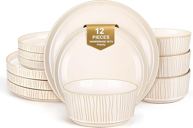Reactive Glaze Ceramic Plates and Bowls Sets for 4, Stoneware Dinnerware Sets, Housewarming Gifts, Chip Resistant Microwave Dishwasher Safe, 12 Pcs Dish Set White
