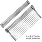 Hhyn Roll Up Dish Drying Rack Over The Sink 17.7"(L) x 15.6"(W), Multipurpose Foldable Stainless Steel Kitchen Rollable Drainer Rack, Gray