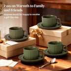 DOWAN Cappuccino Cup Set of 4, 8 OZ Ceramic Coffee Cups with Saucers, Coffee Mugs, Ribbed Espresso & Latte Cups Set, Elegant Stoneware for Home & Café Use