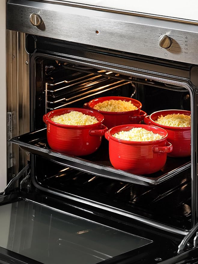 LE TAUCI Soup Bowls with Handles - 28 oz Lead-Free Ceramic French Onion Crocks, Oven and Microwave Safe, Heat-Resistant Design, Stackable, Dishwasher Safe, Set of 4, Red