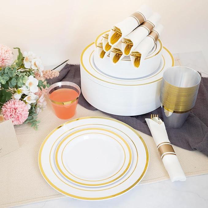 N9R 350PCS Gold Plastic Dinnerware Set for 50 Guests, Include: 50 Dinner Plates, 50 Dessert Plates, 50 Pre Rolled Napkins with Silverware and 50 Cups, White and Gold Disposable Plates for Party