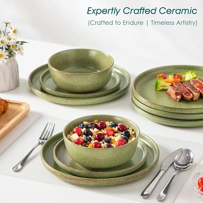 vancasso ZERMATT Stoneware Plates and Bowls Sets for 6, 18 Pieces Dinnerware Set for Kitchen, Chip Resistant Reactive Glaze Dishes, Dishwasher & Microwave Safe, Green