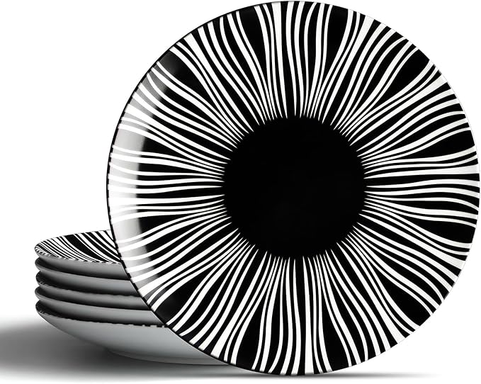 Black and White Striped Ceramic Plates Set of 6-6 Inch Zebra Pattern Dessert & Appetizer Plates, Minimalist Porcelain Dish Set, Microwave, Oven & Dishwasher Safe
