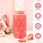 2 Pcs Coquette Pink Bow Glasses Cups, 16oz Cute Bow Glass Cups with Lid Brush and Straw Aesthetic Iced Coffee Cup, Girly Preppy Design Glasses Drinking for Teen Girls Women Men Kids Gift Trendy Stuff