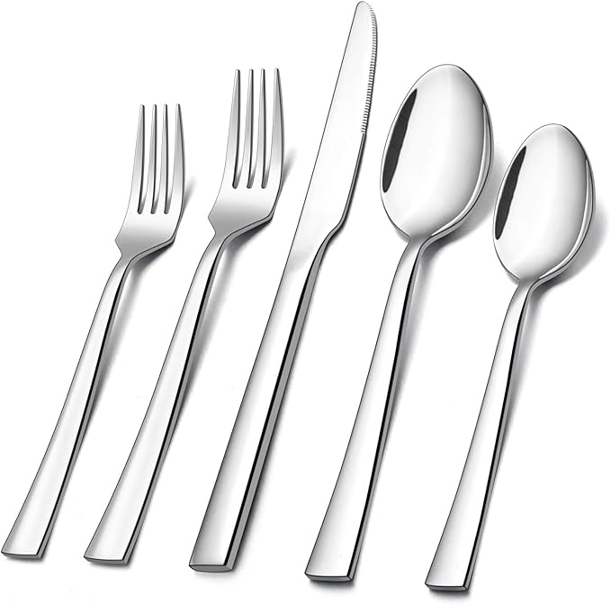 30-Piece Silverware Set, E-far Stainless Steel Flatware Set Service for 6, Modern Tableware Cutlery Set for Home and Restaurant, Square Edge & Mirror Finish, Dishwasher Safe