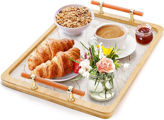 DEAYOU Bamboo Serving Tray with Handles, Marble Pattern Plastic Decorative Ottoman Tray, Large Serving Platter for Coffee Table, Breakfast, Dinner, Perfume, Kitchen Counter, Rectangle, 15.5"x11.5"