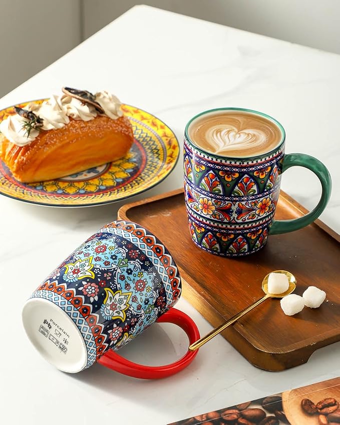 glowworm 16 oz Coffee Mugs Set of 4, Large Ceramic Coffee Cups, Colorful Mugs Set with Handles for Latte, Hot Cocoa, Tea, Housewarming Gift, Dishwasher & Microwave Safe, Bohemian