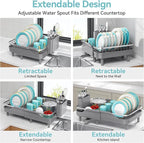 Urackify Expandable Dish Rack for Kitchen Counter, 16.14"-23.62" Large Stainless Steel Dish Drying Rack with Adjustable Water Spout, Space Saving Dish Drainer with Auto Draining Cutlery Holder,Grey