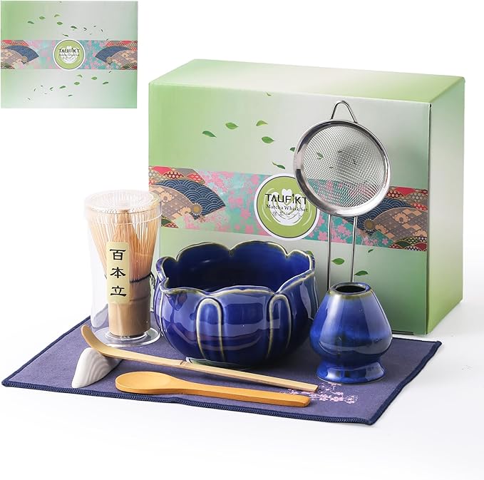 Matcha Whisk Set, Ceramic Matcha Set 8 Pcs, Matcha Kit Set Includes Matcha Bowl, Matcha Whisk and Holder, Bamboo Scoop and Rest, Sifter and Tea Towel, Ideal Gift for Family/Friend (Navy Blue)
