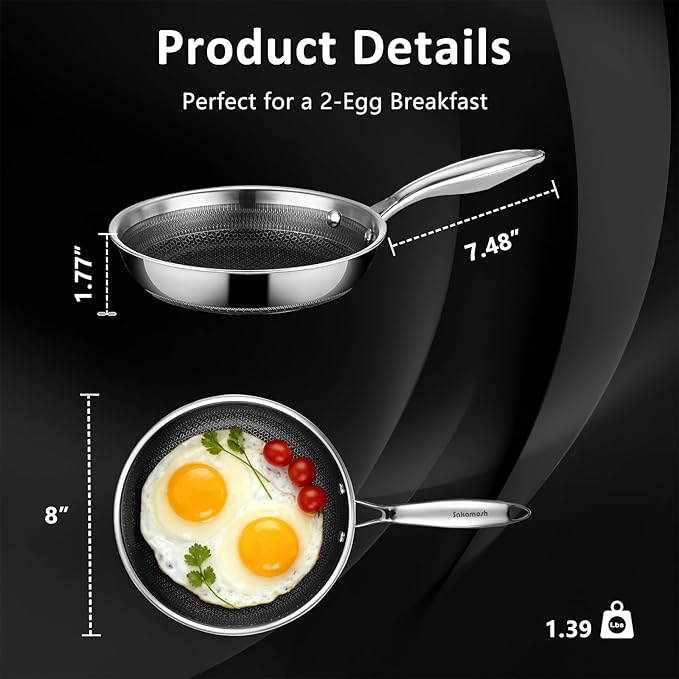8" Non Stick Frying Pans, Hybrid Ceramic Stainless Steel Pan, Skillet with Stay-Cool Handle, Non Toxic, PFAS PFOA PTFE Free, Dishwasher & Oven Safe, Induction, Compatible with All Cooktops