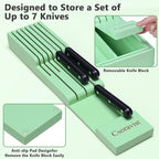 9-Piece Bamboo Kitchen Drawer Organizer Set, Expandable Silverware &Utensil Organizer with Removable Knife Block & Steak Knives, Flatware Organization, Tableware Dividers Storage(Cyan)