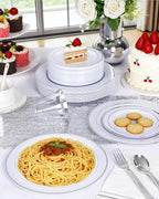 GATHER 700PCS Silver Plastic Plates - Silver Disposable Dinnerware Sets 100 Guest Include 200 Plates, 300 Silverware, 100 Napkins, 100 Cups For Wedding & Party