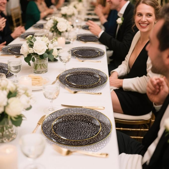 DaYammi 350PCS Clear Black and Gold Plastic Dinnerware Set for Party, Hammered Disposable Plates for Party, Include: 50 Dinner Plates, 50 Dessert Plates 150 Gold Silverware 50 Napkins 50 Cups